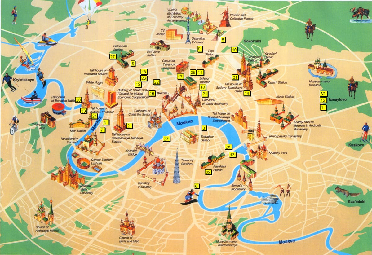 Touristenkarte von Moskau mit Sehenswürdigkeiten, Museen, Stätten, Denkmälern und Wahrzeichen