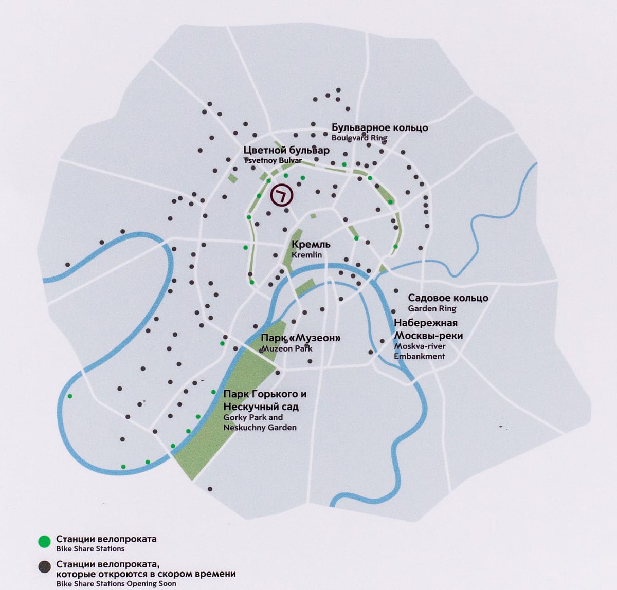 Karte der Moskauer Velobike-Stationen, Fahrradstationen und Fahrradverleih